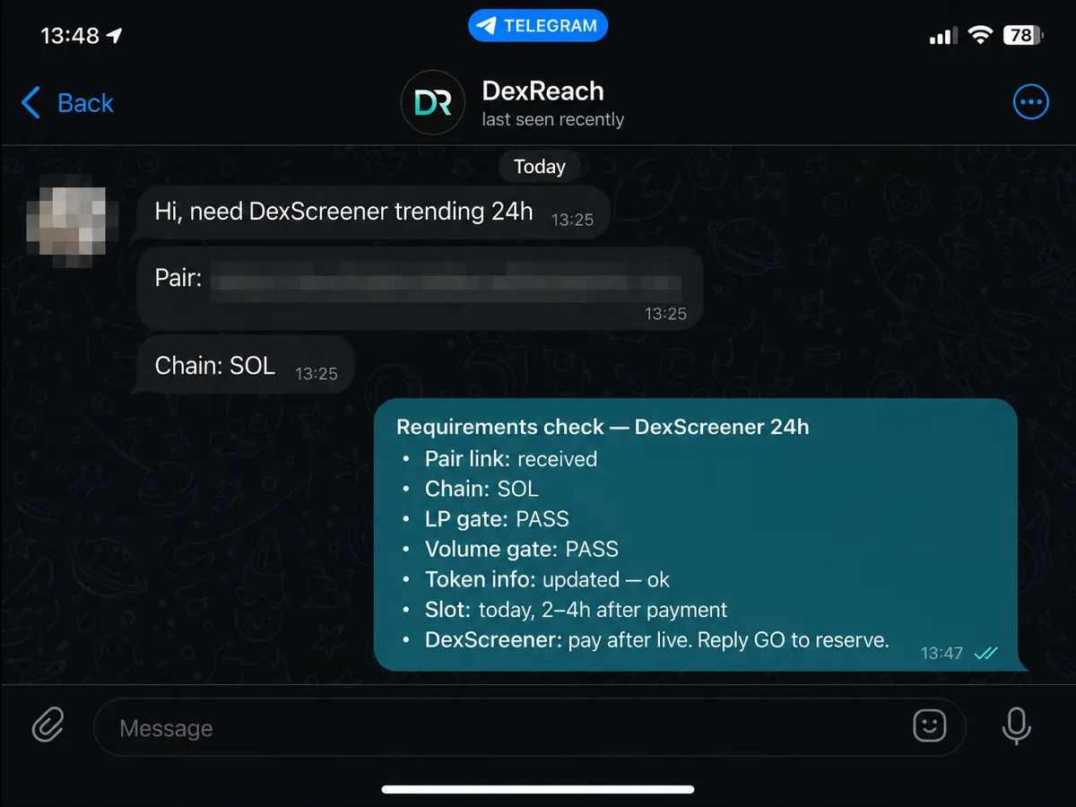 Telegram requirements check before DexScreener trending slot
